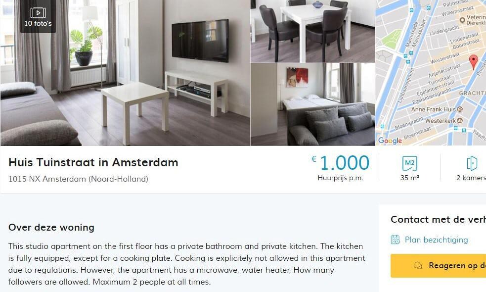 Te huur in Amsterdam: piepkleine studio mét keuken, maar "koken verboden". Maandprijs: 1.000 euro