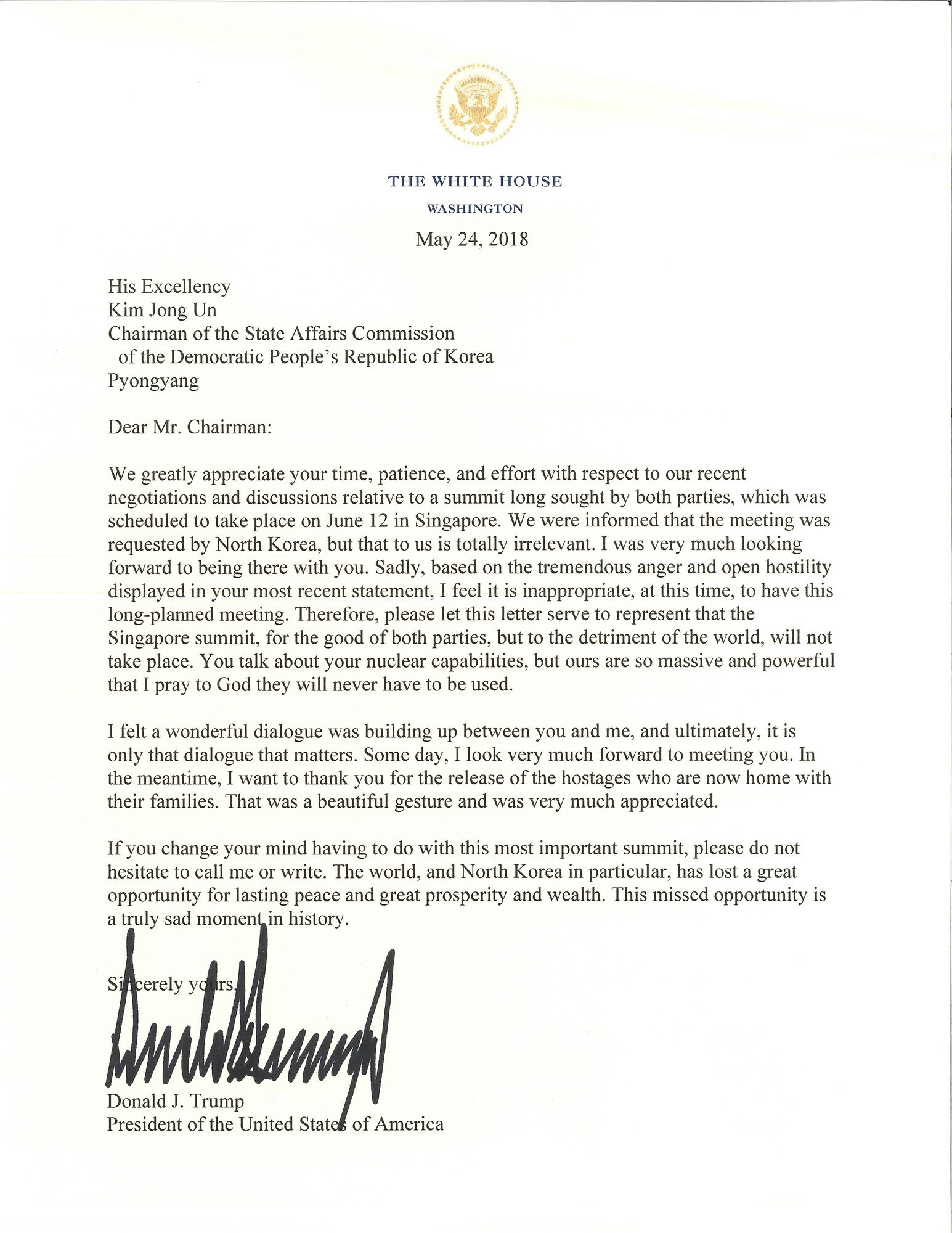 Dit kunnen we afleiden uit de brief van Trump aan Kim Jong-un