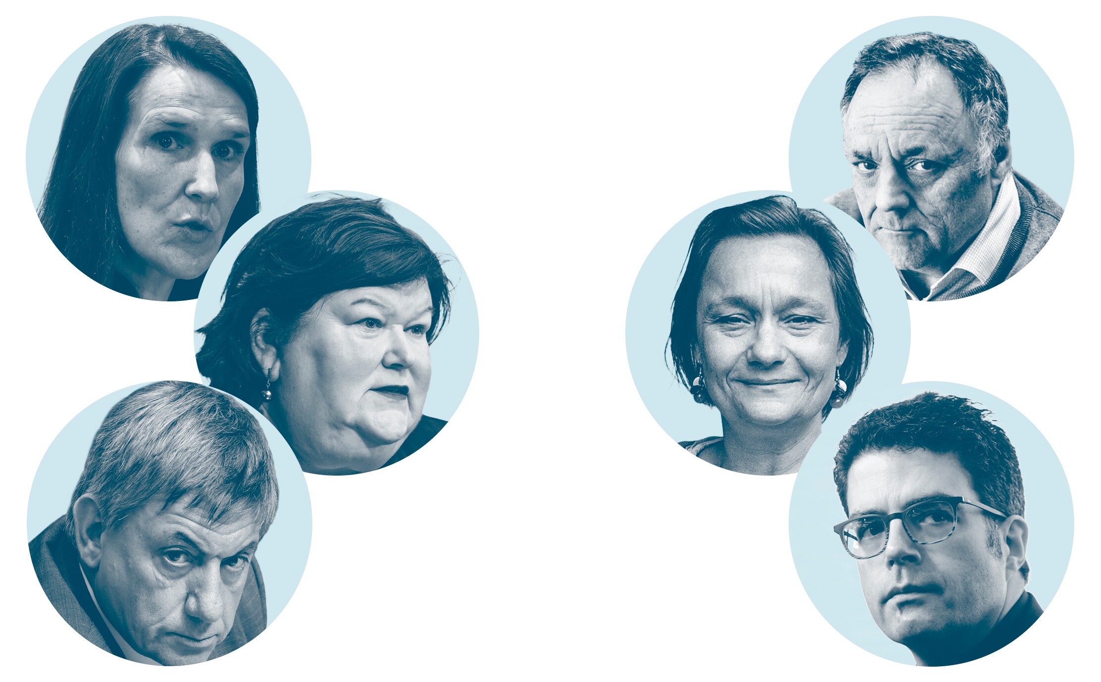 Links de politici (Sophie Wilmès, Maggie De Block, Jan Jambon), rechts de experts (Marc Van Ranst, Erika Vlieghe, Steven Van Gucht).