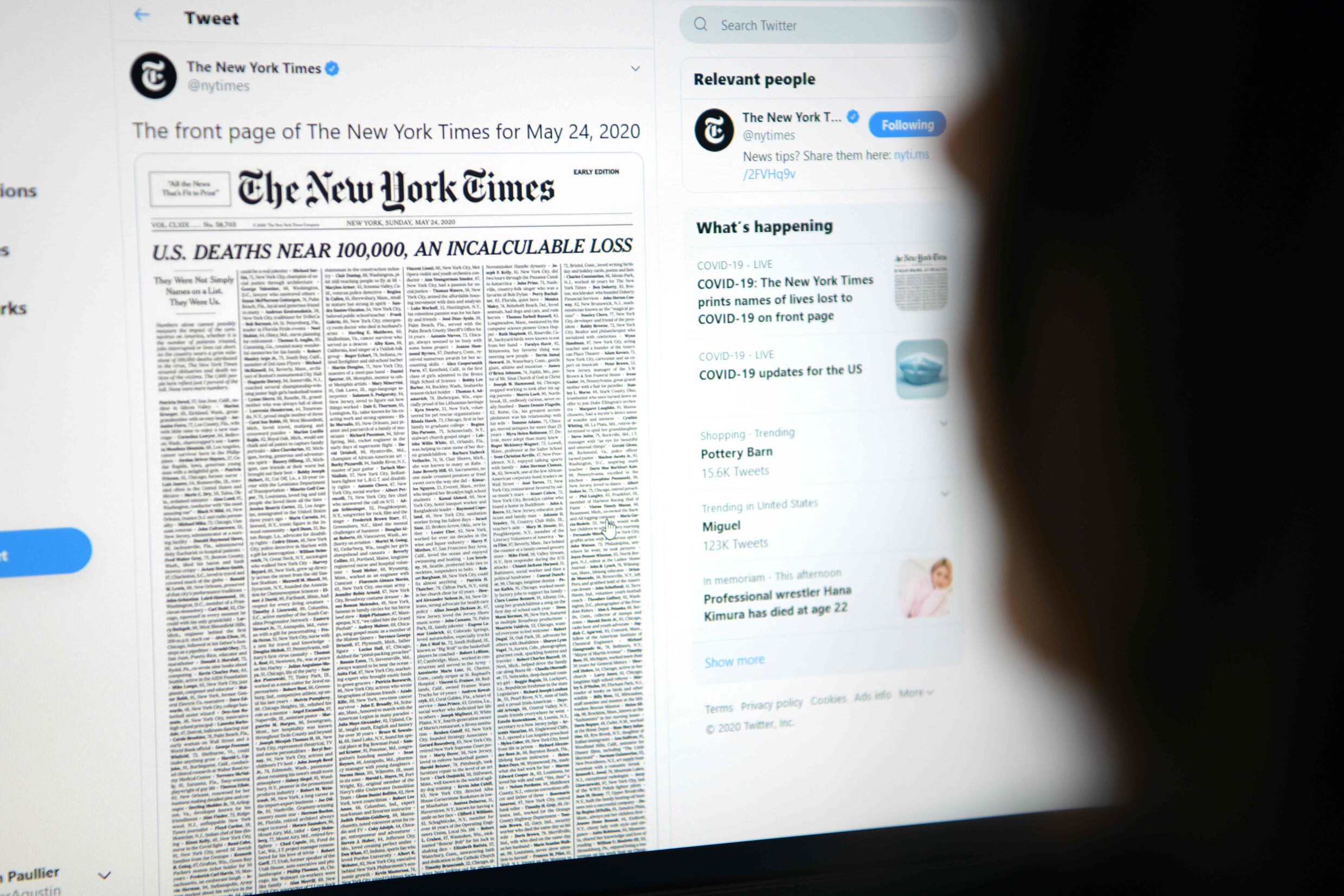 New York Times draagt cover op aan 1.000 coronadoden