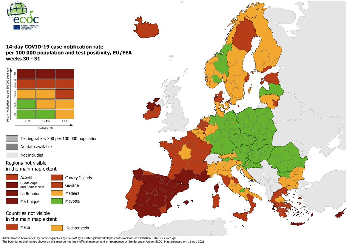 Brussel kleurt rood op Europese coronakaart, Spanje en Zuid-Frankrijk donkerrood