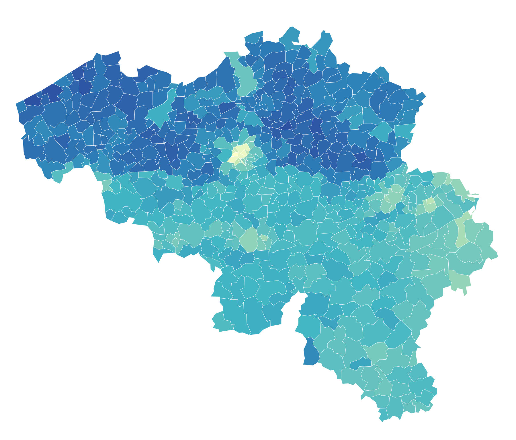 Op de vaccinatiekaart is de grens tussen Vlaanderen, Wallonië en Brussel duidelijk zichtbaar