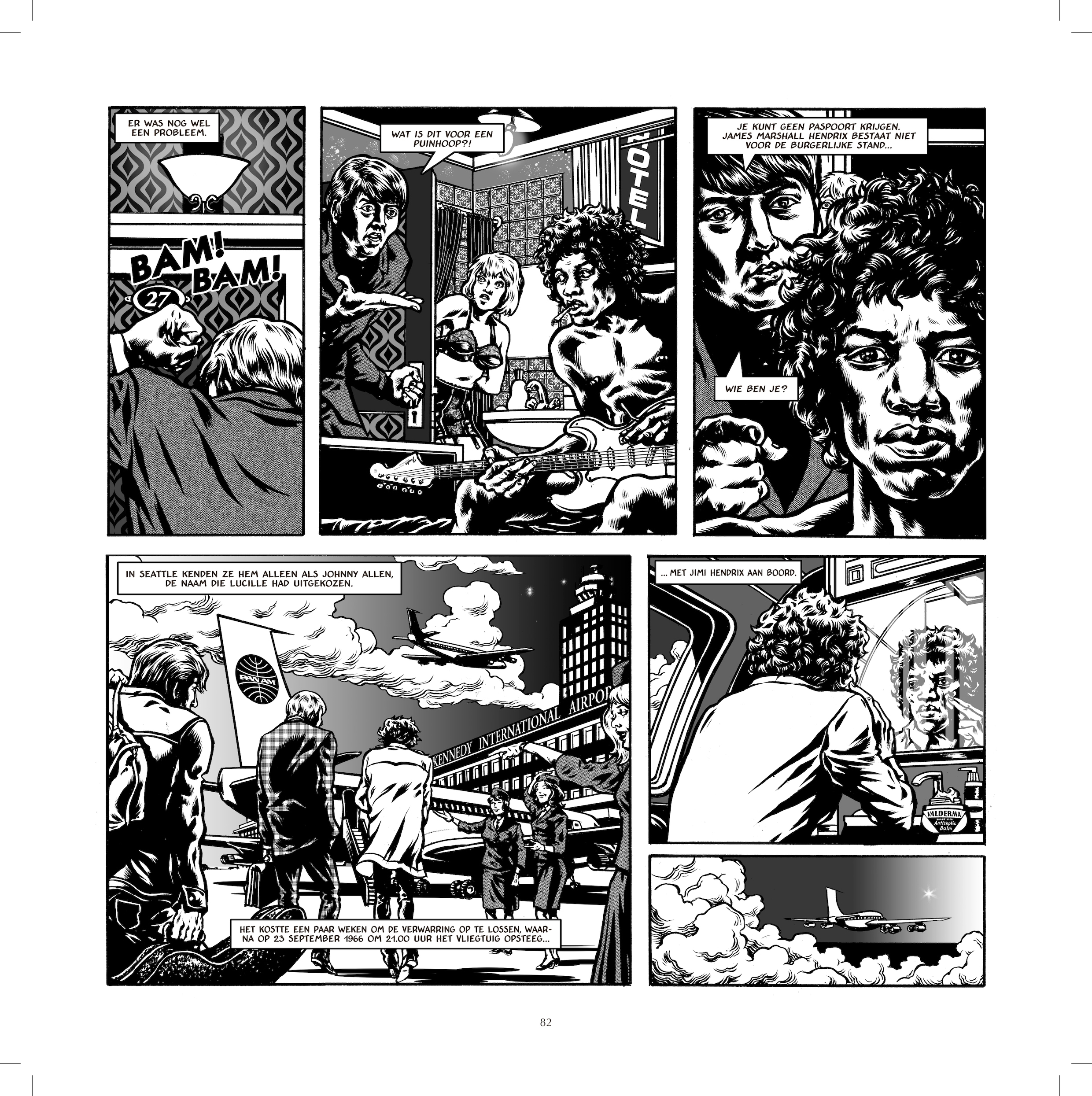 Een stukje uit ‘Kiss the Sky’. De scènes – zoals op de luchthaven van Kennedy International Airport waar Jimi ­Hendrix op een vliegtuig van Pan Am stapt – ­kloppen tot in de kleinste details.