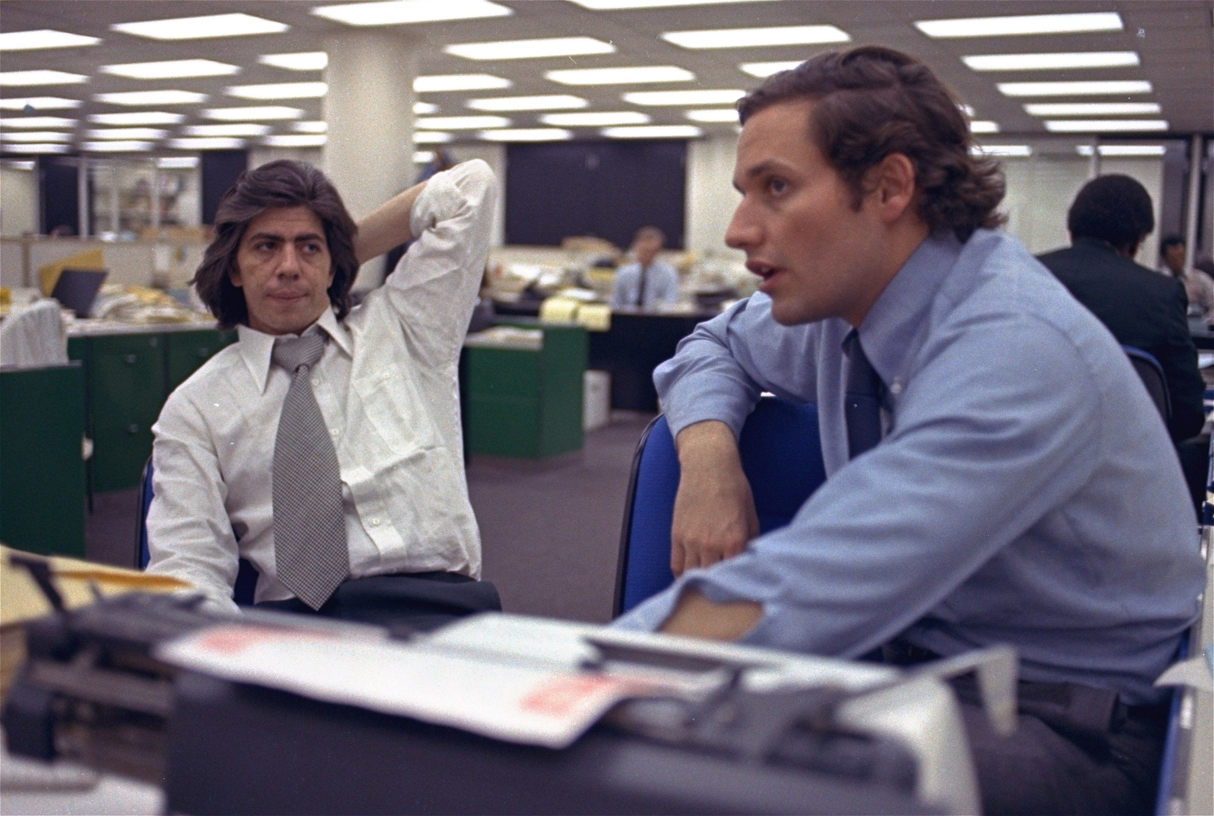 Reporters Bob Woodward, right, and Carl Bernstein, whose reporting of the Watergate case won them a Pulitzer Prize, sit in the newsroom of the Washington Post in Washington May 7, 1973.